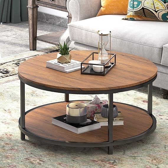 WiberWi Round Coffee Table 35.8" Rustic Vintage Industrial Design Furniture Sturdy Metal Frame Legs Sofa Table Cocktail Table with Storage Open Shelf for Living Room, Easy Assembly, Reddish Brown