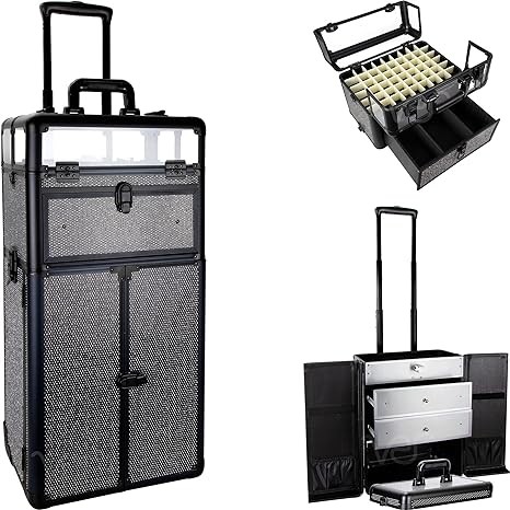 Ver Beauty Professional Rolling Makeup Train Case, Heavy Duty Nail & Makeup Artist Travel Case, Black Krystal, 1 count