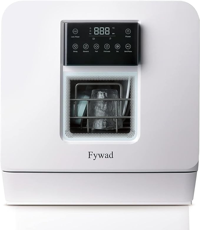 Fywad countertop dishwasher, portable dishwasher no hookup. Countertop Dishwasher with Water Tank. With child lock, hot drying, 4 washing programs. 360-degree spraying.