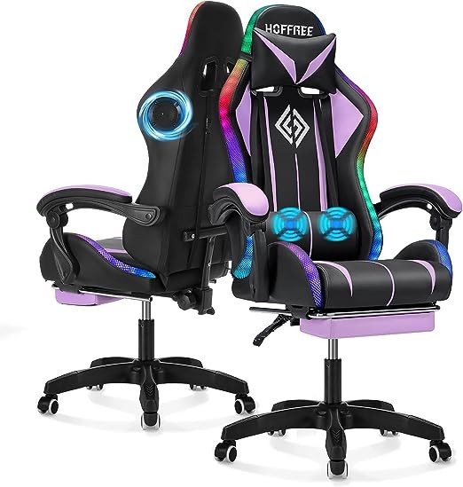 Gaming Chair with Bluetooth Speakers and LED RGB Lights Ergonomic Massage Computer Gaming Chair with Footrest High Back Music Video Game Chair with Lumbar Support Purple and Black