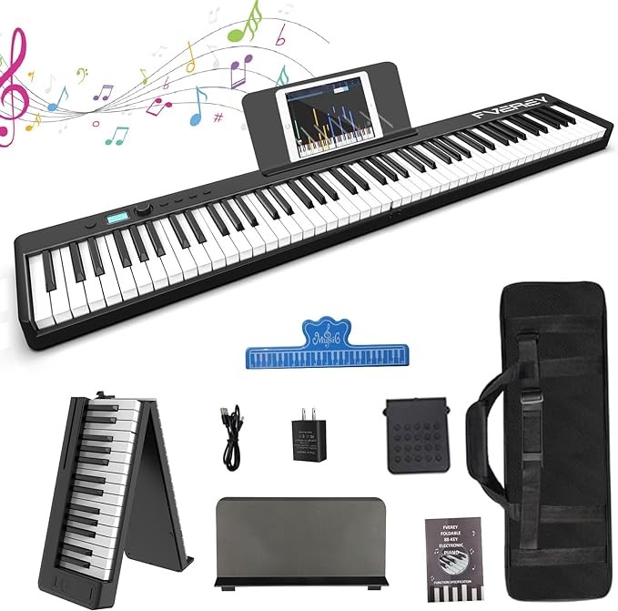 FVEREY Folding Piano Keyboard, 88 Key Semi Weighted Keyboards Electric Piano, Full Size Keyboard Portable Digital Piano with Sustain Pedal, Handbag, Bluetooth, USB MIDI for Beginner, Adult