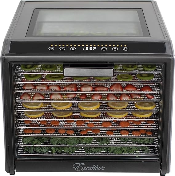 Excalibur Electric Food Dehydrator Performance Series 10-Tray with Adjustable Temperature Control Includes Stainless Steel Drying Trays Glass Door Top View Window and LED Display Progress Bar, Black