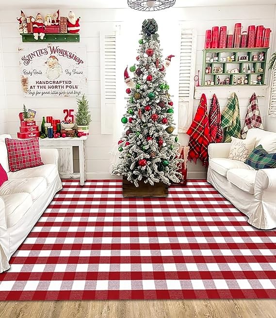 Ckorzen Christmas Area Rug, 8' x 10' Red Plaid Rug Indoor Outdoor Reversible Hand-Woven Washable Lattice Checkered Rug for Kitchen, Dining Room, Bedroom, Living Room (8'x10', Red & White) Brand: Ckorz