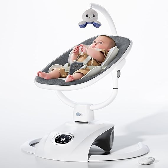 VaVaSoo Baby Swing - Electric Infant Swing for Baby Girl boy, 6 Motion Swings Baby Bouncer with Remote, Portable Baby Rocker for Newborn with 5 Speed, 14 Preset Lullabies, Light Grey