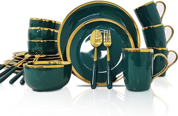 AXYWINBO® Dinnerware Sets,24-Piece Plates and Bowls Sets for 4,Green Modern Porcelain Dish Set Contain Dinnerware & Accessories for Wedding and Housewarming Gifts