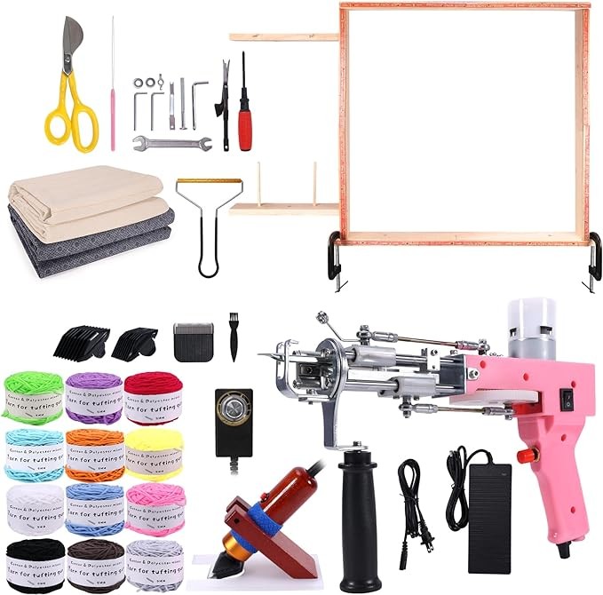 Pllieay Full Set of Rug Tufting, Rug Making Kit with 2 in 1 Cut Pile Loop Pile Rug Gun, Rug Tufting Frame,12 Color Rug Yarn,Tufting Gun Starter Kit for Beginners and Amateur