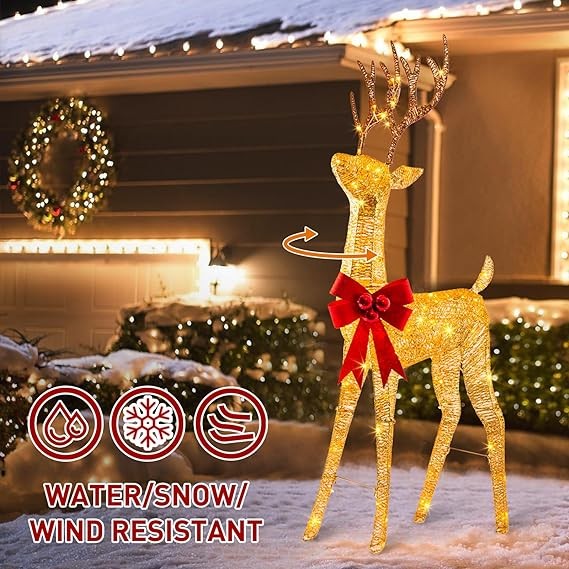 PEIDUO Christmas Reindeer Outdoor Decorations, 5FT Dynamic Reindeer with Auto-Rotary Head, 3D Gold Lighted Deer 100 Warm White LEDs, Plug in Waterproof for Xmas Yard Lawn Porch Outside Decor