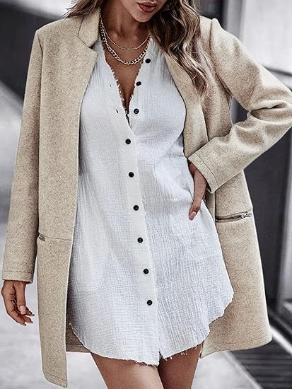 Angashion Women’s Coat, Long Sleeve Stand Collar Cardigan Mid-Long Open Front Outwear Overcoat with Zipper Pockets